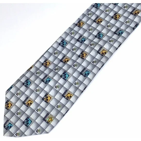 GIANNI VERSACE Vintage 90s Tie Baroque Flower Medusa Grey Squares Plaid Necktie - Picture 8 of 12